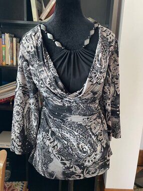 Y2K Paisley Blouse Beaded Sequin Top Faux Layered Mobwife Glam Artist Office